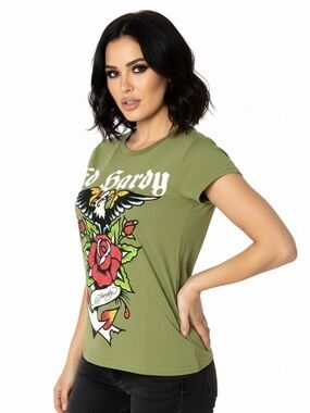 Ed Hardy Olive Eagle Rhinestone Tee